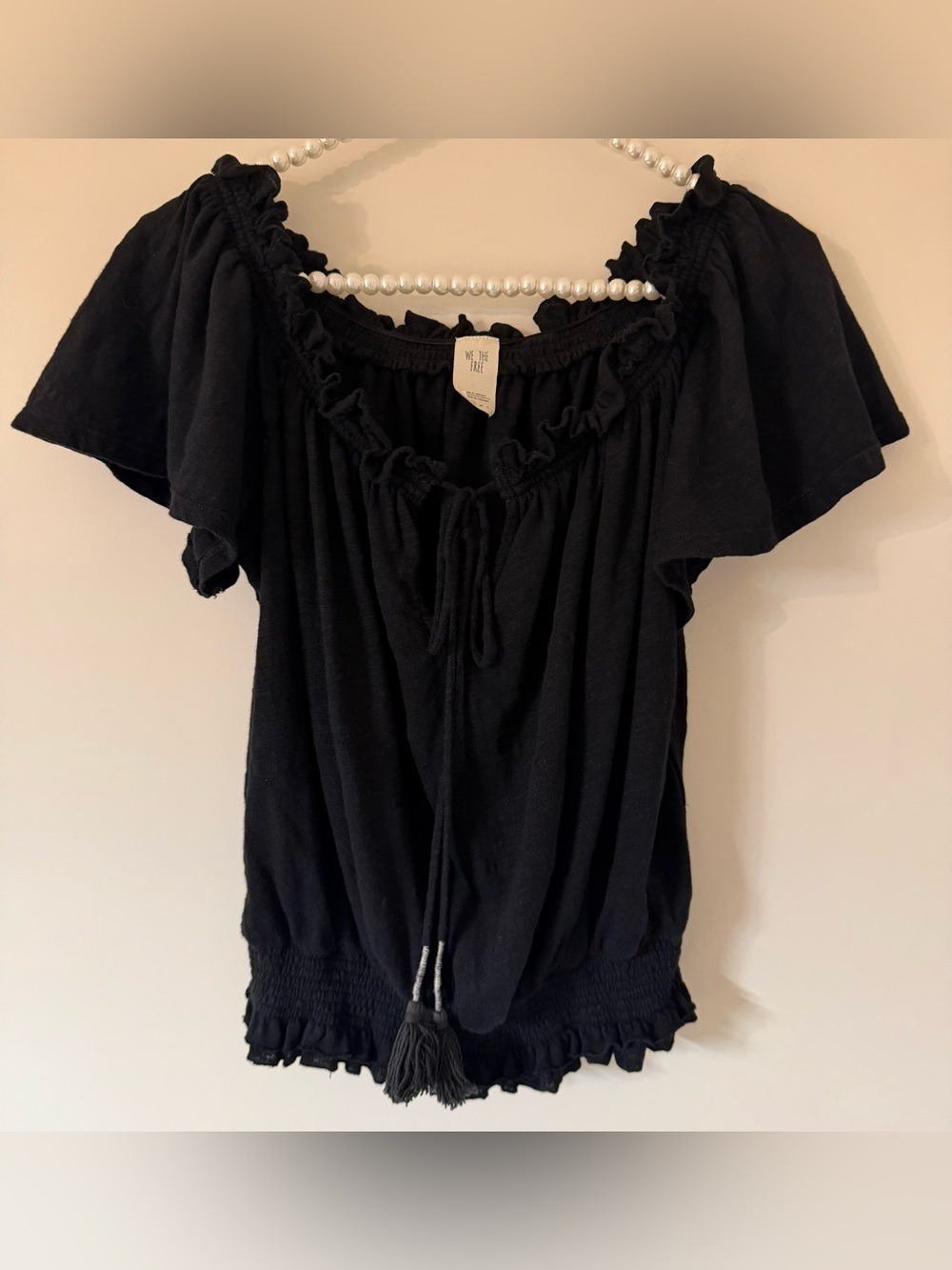 We The Free Free People Black Smocked Peasant Top Tassel Ties - Size S - Picture 3 of 12